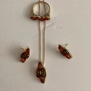 COPY - Women’s Beautiful 925 Silver & Natural Amber Set Ring Necklace Earrings